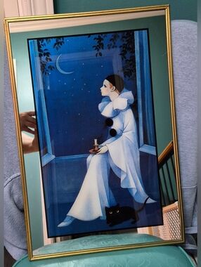 Vintage 80s Mira Fujita Pierrot And Black Cat Art Mirror